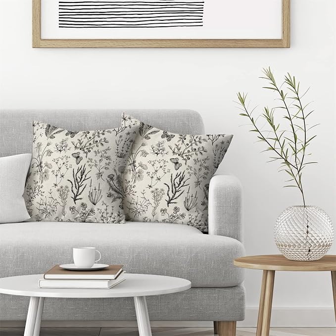 AEIOAE Spring Pillow Covers 16x16 Inch Set of 2,Black Gray Wild Flower Plant Throw Pillows Case,Seasonal Floral Outdoor Decorative Square Linen Farmhouse Decor Cushion Covers for Home Sofa Bed Couch