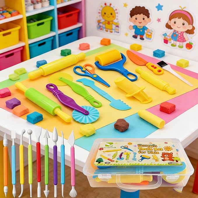 Kleeblatt Dough Tools Set for Kids - 19 Pcs Playdough Kit with 9 Basic Dough Tools, 9 Double-Headed Clay Carving Tools & Cleaning Brush, Safe for Toddlers Ages 2-8, for Clay/Plasticine/Sand