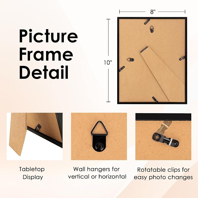 8x10 Picture Frame Set of 6, Black Photo Frames Bulk with HD Plexiglass, Display Pictures 5x7 with Mat or 8x10 Without Mat, Multi Picture Frames Collage for Tabletop or Wall Display