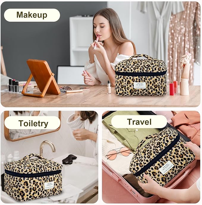 GISMTR 3Pcs Makeup Bag Cotton Quilted Travel Cosmetic Bag Cute Floral Makeup Pouch Large Toiletry Bag for Women Girls