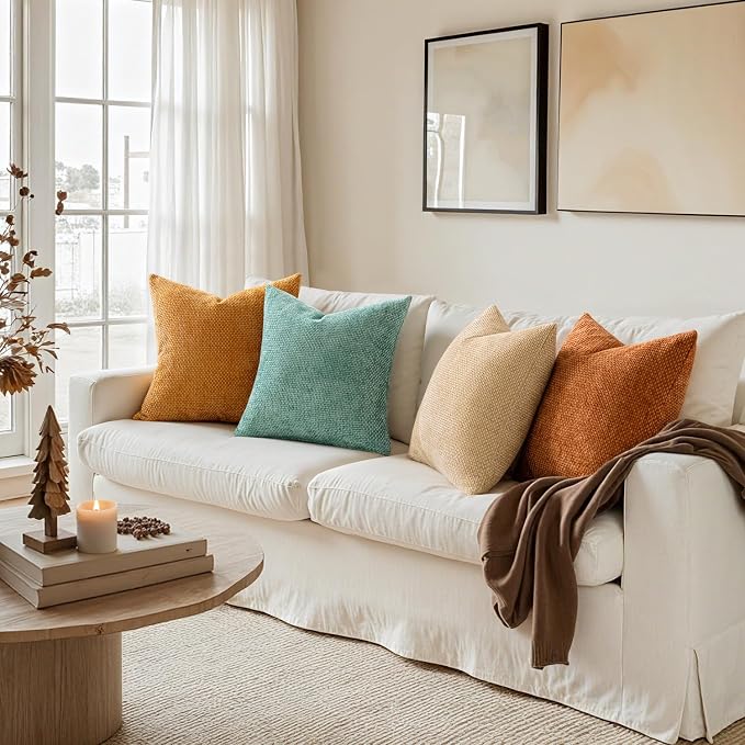 MIULEE Soft Decorative Chenille Fall Pillow Covers Beige Orange Teal 18x18 | Pack of 4，Rustic Home Decor, Retro Vintage Set, Couch Throw Pillows, Farmhouse Boho Cushion Covers for Sofa Bed Living Room