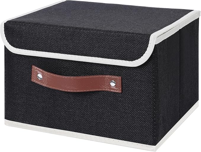 ANMINY Fabric Storage Box Bins with Lids, Black, 10"x8"x7" | Keepsake Memory Storage, Cotton Linen, PP Board Reinforced, Washable, PU Handles, Foldable & Stackable, Decorative, Small