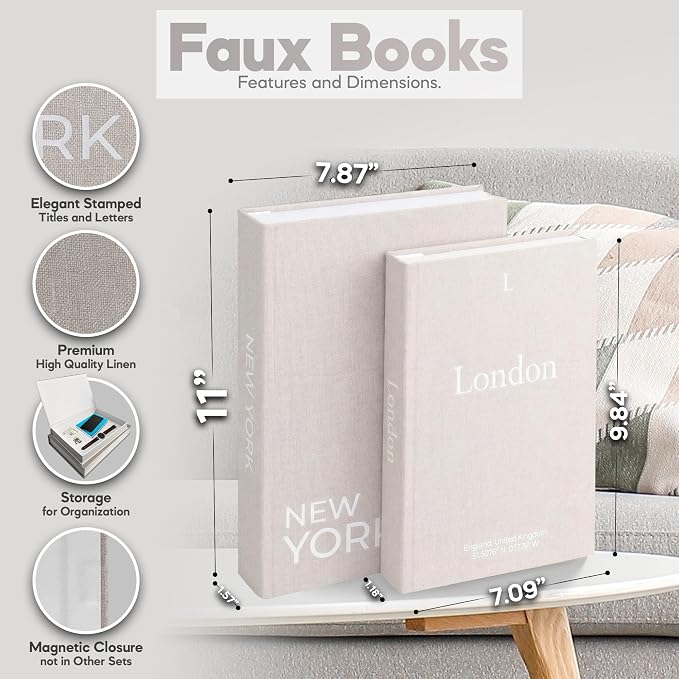 Faux Book Storage Box Set of 2—Beige/Beige—Decorative Faux Books with Hidden Storage for Coffee Table Decor, Bookshelf or Mantle—Linen Decorative Boxes—Aesthetic Book Decor for Home