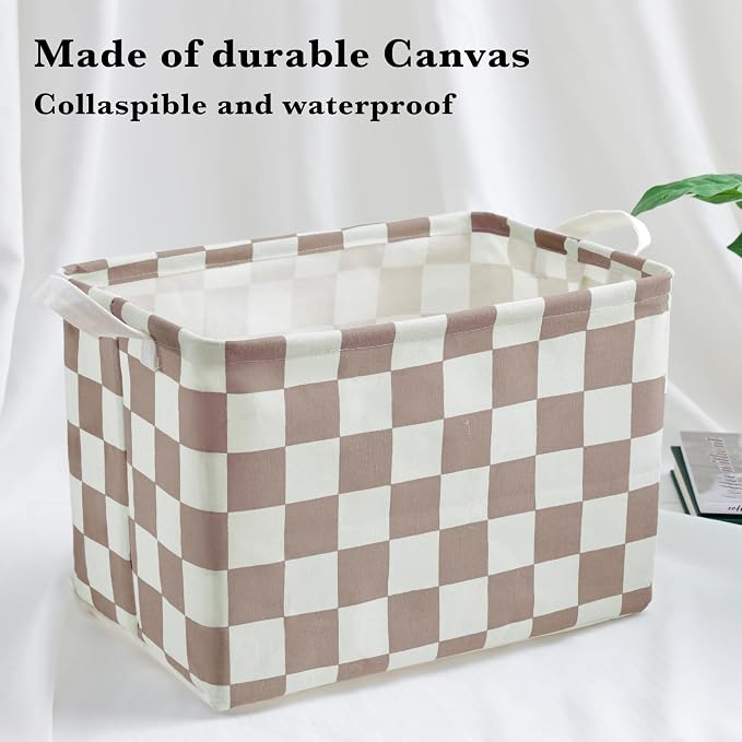 Ohocut Khaki White Checkered Canvas Basket, Rectangular Organizing Decorative Storage Basket for Kids Dog Toy, Cute Aesthetic Checkered Room Decor for Home, Kitchen, Bedroom, Classroom, Shelves