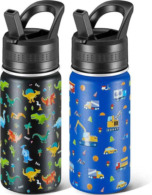 2 Pack Kids Water Bottle,14oz Stainless Steel Insulated Water Tumbler Leak-Proof,School Water Mug,Small and Portable,Suitable for Boys and Girls to Use(Black dinosaur + Blue car)