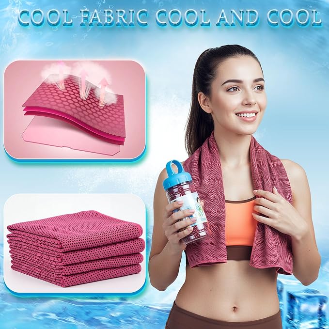 Honoson 20 Pcs Cooling Towels for Neck and Face, 47"x12" Sports Breathable Ice Towels Microfiber Chilly Sweat Rags with Portable Bottle for Gym Golf Athletes Yoga Workout Hot Weather (Rose Red)