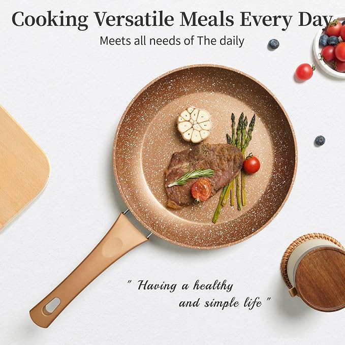 Innerwell 9.5-Inch Nonstick Frying Pan Small Egg Pan Skillet | Even Heating All Stove Compatible, PFOA PFOS Free, Granite Stone Cookware Skillet, Healthy and Non Toxic, Gold