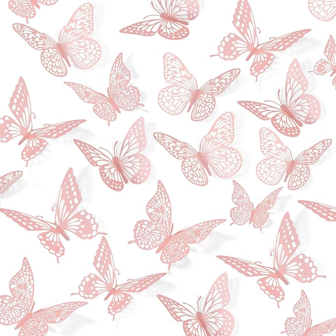 SAOROPEB 3D Butterfly Wall Decor 48 Pcs Pink Butterfly Decorations | 4 Styles 3 Sizes, Birthday Decorations Pink Room Decor Butterfly Party Decorations Cake Decorations, Removable Wall Stickers