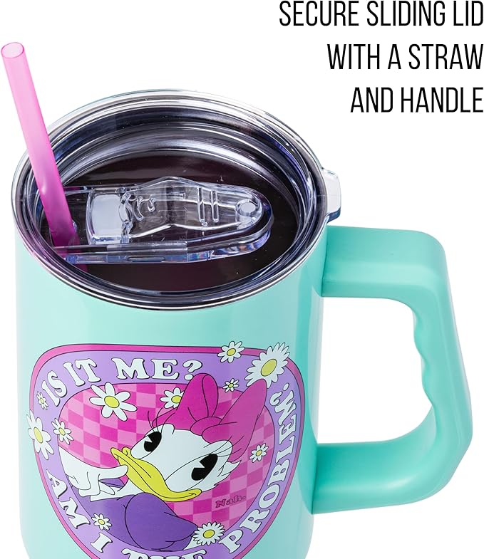 Silver Buffalo Disney Daisy Duck “Is It Me? Am I the Problem?” Stainless Steel Tumbler with Handle, Fits in Standard Cup Holder, 40 Ounces