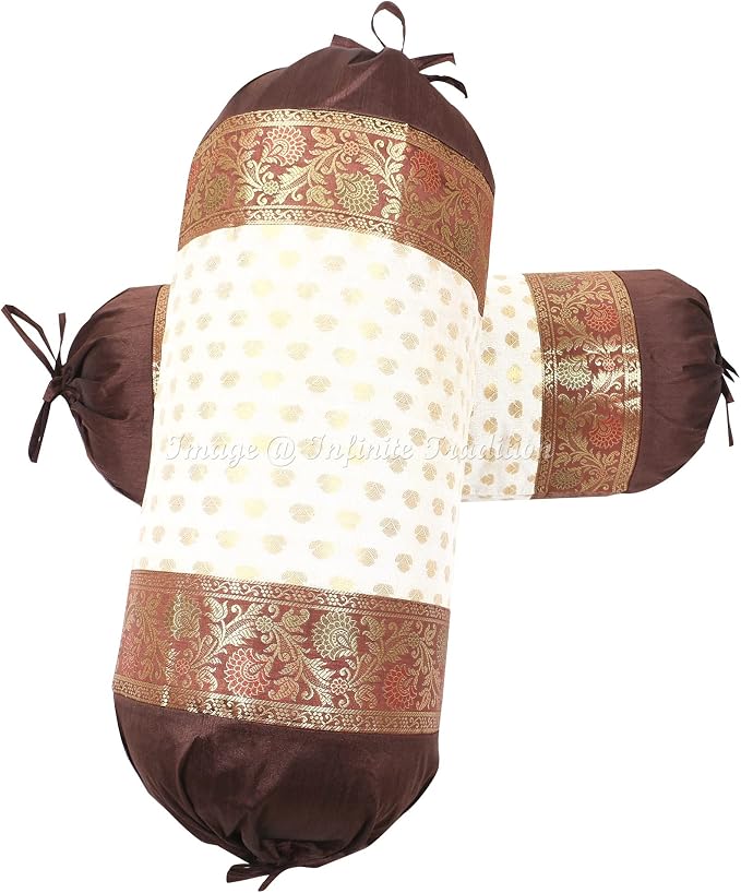 Indian Ethnic Living Room Decorative Bolster Tube Pillow Covers Cylindrical Dark Brown Yoga Couch Round Cushion Cover Brocade Silk Small Leaves Throw Pillow Case 76x38cm (30x15 inch) - 2 Pc.