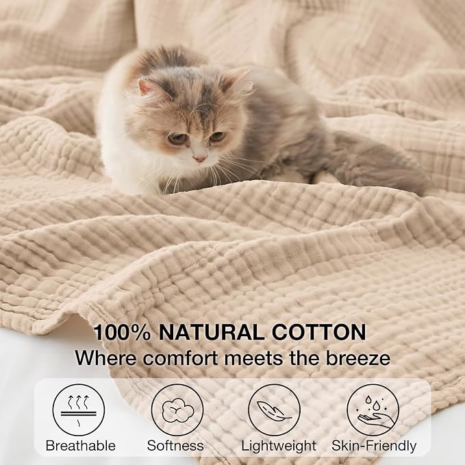 100% Cotton Muslin Blanket Twin 60" x 80", Breathable and Lightweight Cotton Twin Blankets for Couch, Soft Cooling Summer Gauze Blanket for Adults All Season, Beige
