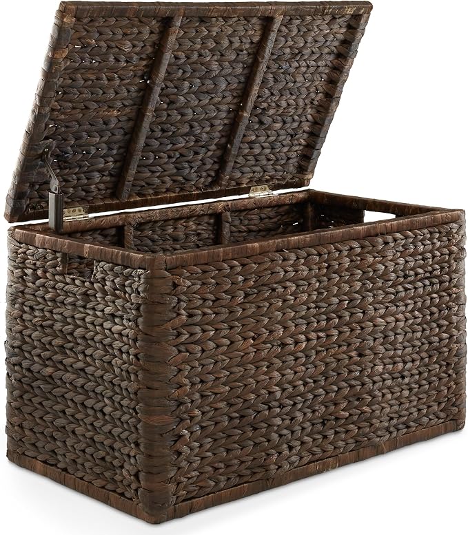Casafield 30" Storage Chest with Lid, Handles, Safety Hinge - Espresso Dark Brown, Hyacinth Wicker Storage Trunk for Entry Way, Living Room, Bedroom