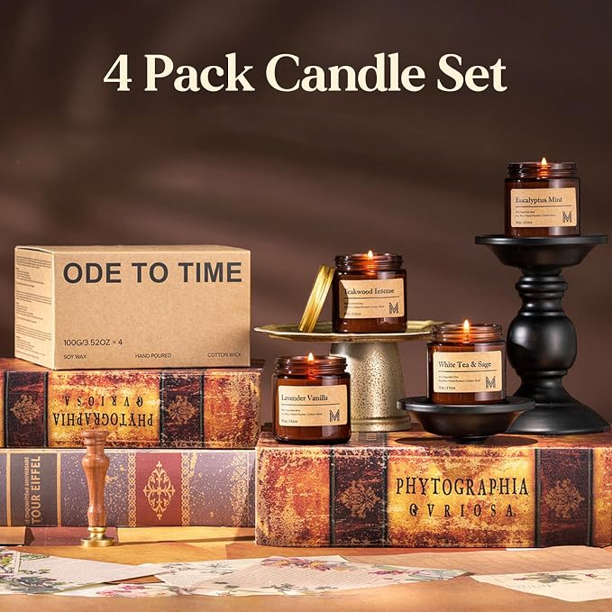 M&SENSE 4 Pack Candle Gift Set, Aromatherapy Candle Gift for for Men and Women, Soy Wax Candles Home Scented, Long Lasting Amber Jar Candles for Birthday Housewarming
