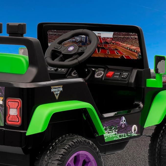 Monster Jam - 12V Kids Ride On Jeep with Rechargeable Battery, LED Headlights, Press-Button Start, Durable Wheels, Forward & Reverse Drive, Contoured Seat