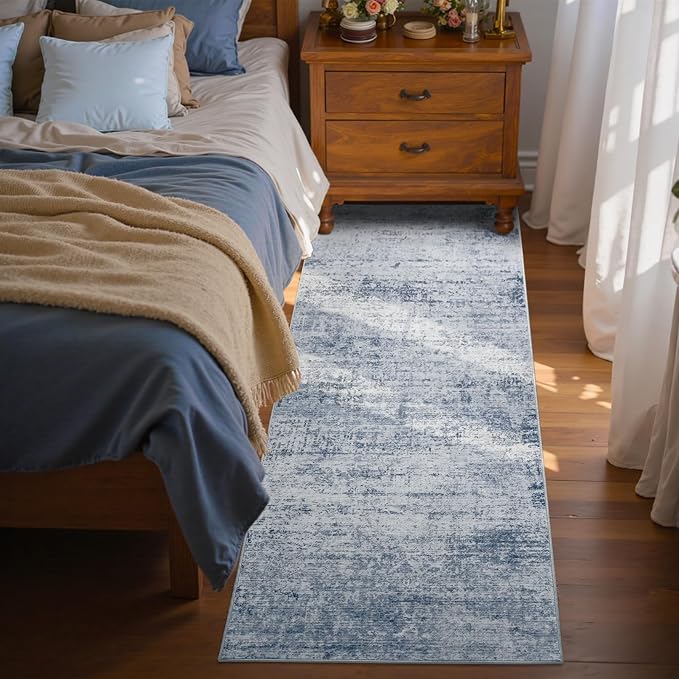 2x6 Ft Washable Runner Rug, Non-Slip Low Pile Hallway Kitchen Area Rug, Soft Abstract Long Entryway Floor Mat Print Pattern Carpet for Bedside & High-Traffic Areas (Blue)