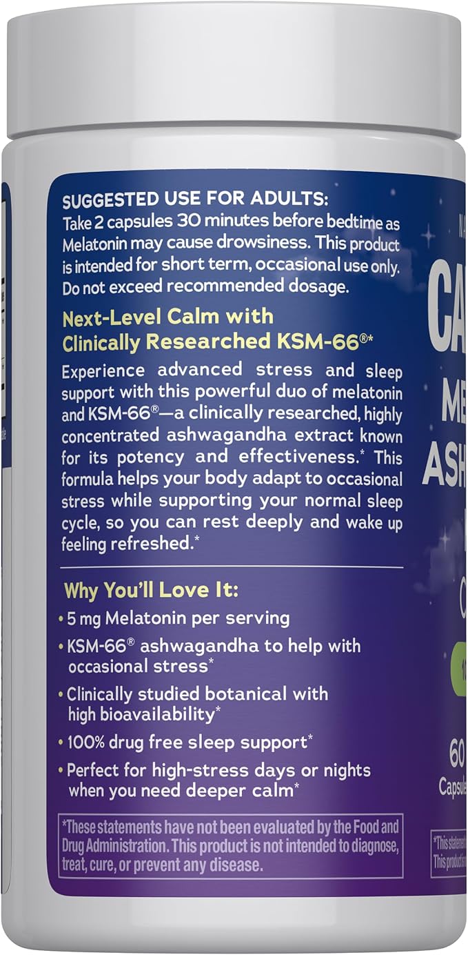 Natural Vitality Calm Sleep Melatonin and Ashwaganda KSM-66 Capsules | 100% Drug Free | 60 Count