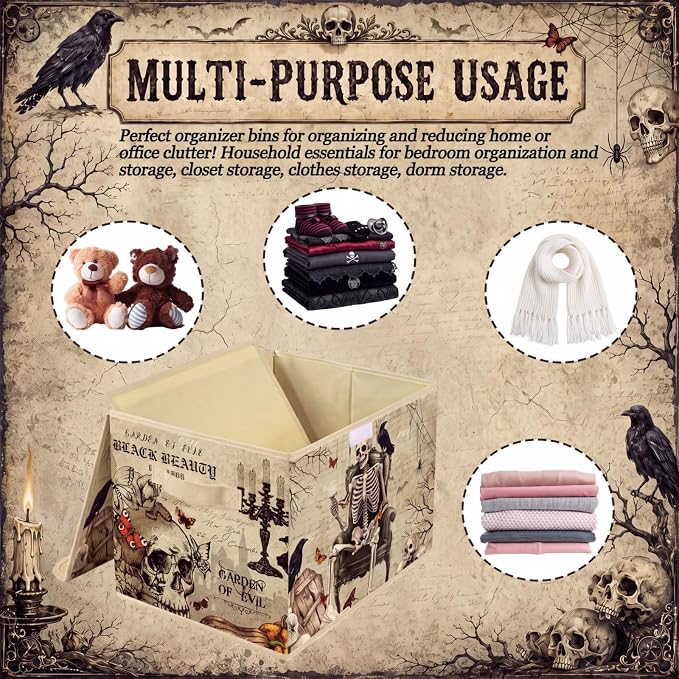 Briwooody Halloween Storage Bin with Lid and Carrying Handle Halloween Gothic Skull Foldable Storage Box Large Vintage Skeleton Decorative Collapsible Container Basket for Closet Home Bedroom Gift