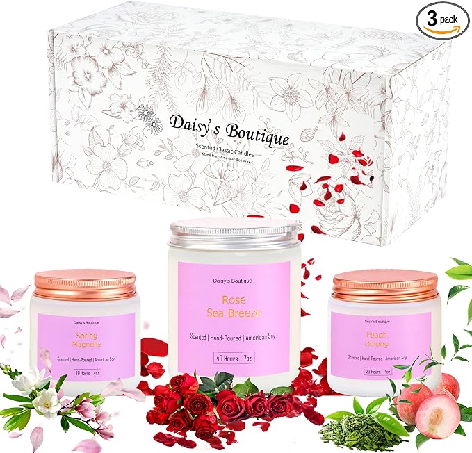 Scented Candles for Home Aromatherapy Candle Gift Present Set Soy Wax Long Lasting Gift Birthday Mother's Day Thanksgiving 3 Pack ((Peach Oolong + Rose + Magnolia) White Glass Jar)