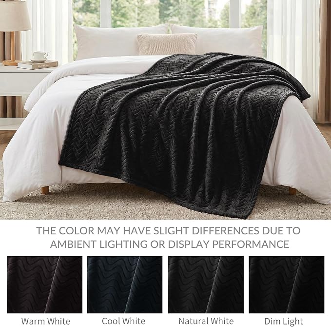 Exclusivo Mezcla Soft Fleece Blanket Twin Size for Bed, Sofa, Black | 90"x66" Breathable Lightweight Flannel Blanket for Summer, Plush Cozy Jacquard Wave for Home Decor