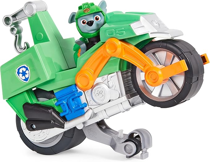 Paw Patrol, Moto Pups Rocky’s Deluxe Pull Back Motorcycle Vehicle with Wheelie Feature and Toy Figure