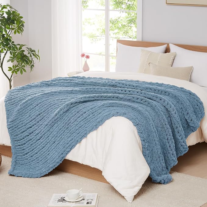 L'AGRATY Chunky Knit Throw Blanket for Couch, 80 x 90 Inches, Airy Blue | Handmade Chenille Crochet Blanket for Sofa Bed, Thick Cable Knitted Blankets for Room Home Decor, Birthday Gift for Women Mom