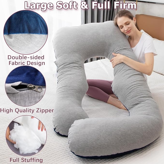 MOON PINE Pregnancy Pillow, U Shaped Full Body Pillow for Maternity Support, Sleeping Pillow with Cover for Pregnant Women (Grey Blue)