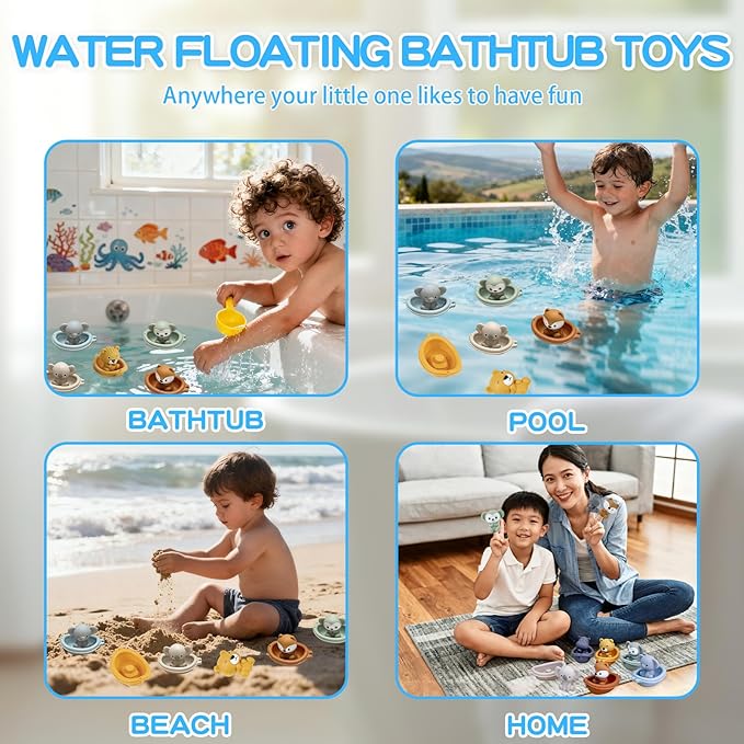 OTONOPI Baby Bath Toys Set 12 Pcs, Floating Bath Toys with 6 Sensory Animal Finger Puppets 6 Stackable Boat, Educational Water Floating Bathtub Pool Beach Toy for Toddlers Babies 18 Months and Up