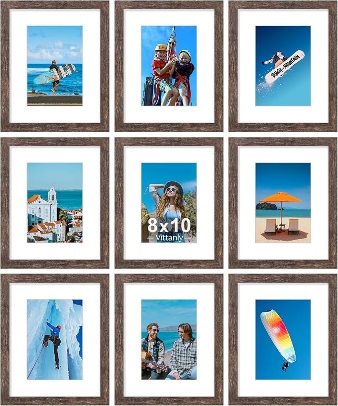 Vittanly 8x10 Picture Frames Set of 9, Wall & Tabletop, Distressed Walnut | Display Pictures 5x7 with Mat or 8x10 without Mat, Small Photo Frames, Engineered Wood with Shatter Resistant Plexiglass