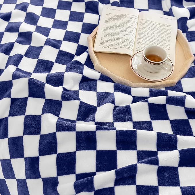 LOMAO Throw Blankets Flannel Blanket with Checkerboard Grid Pattern Soft Throw Blanket for Couch, Bed, Sofa Luxurious Warm and Cozy for All Seasons (Dark Blue, 50"x60")