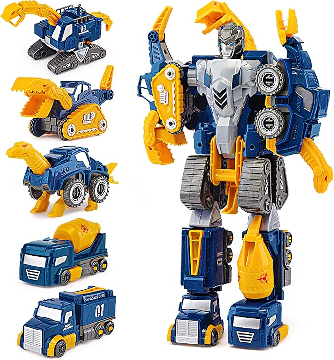 Toddler Construction Car Transform Set, 5pcs Dinosaur Rescue Robot with Magnetic Connectors, Assemble Building Trucks DIY STEM Toy, Birthday Present for Kids Boy Girl 3 4 5 6 7 Year