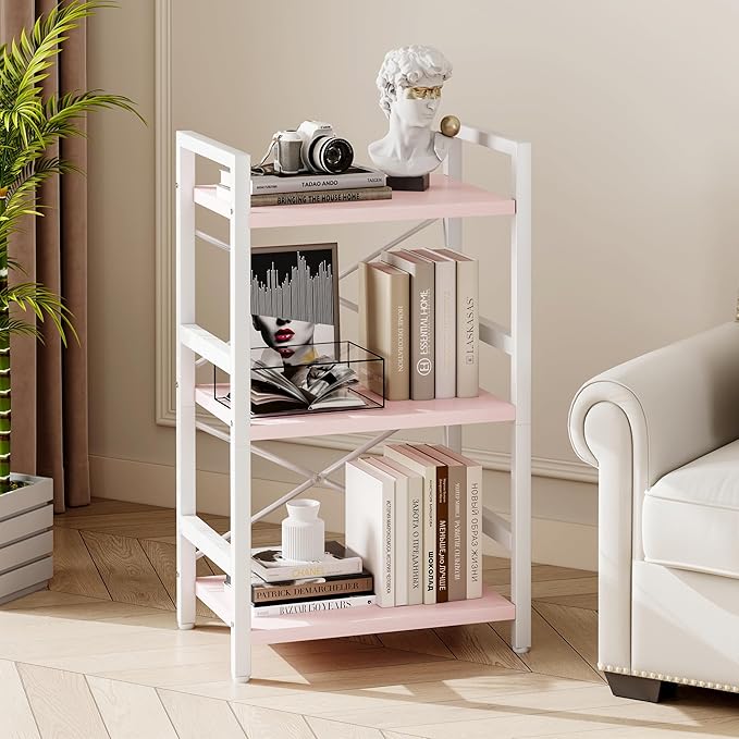 Homeiju Pink Bookshelf, 3 Tier Industrial Bookcase, Metal Small Bookcase, Rustic Etagere Book Shelf Storage Organizer for Living Room, Bedroom, and Home Office(Pink) Patent Pending D29873033
