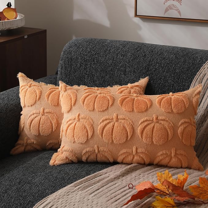 DFXSZ Fall Pillow Covers 20x20 2Pcs Light Orange Pumpkin Fall Decorations | Fall decor Set of 2 Throw Pillow Cases Soft Plush Faux Fur Wool Couch Cushion for Chair Sofa Bedroom Living Room Home Decor