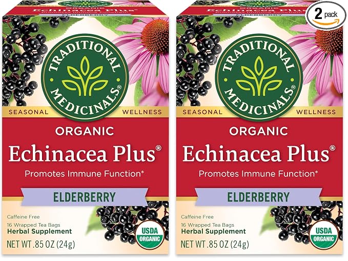 Traditional Medicinals Tea, Organic Echinacea Plus Elderberry, Boosts the Immune System, 16 Tea Bags (Pack of 2)