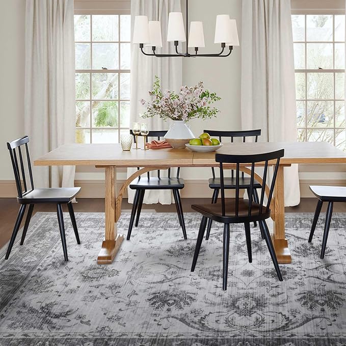 8x10 Ft Extra Large Washable Area Rugs for Living Room, Thin Floral Vintage Print Rug Non Slip Carpet for Bedroom Dining Room Kidsroom Home Decor (Grey)