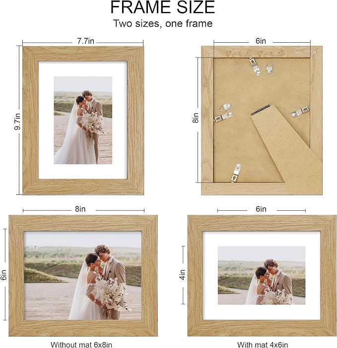 Hongkee 6x8 Picture Frame Set of 4, Made of Real Glass and Natural Oak Frame - Display Picture 4x6 with Mat or 6x8 Without Mat, 6 by 8 Photo for Wall or Tabletop