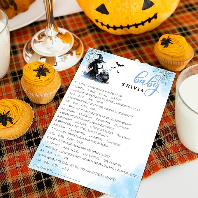 Hilarious Baby Shower Games, 25 Sets Halloween Baby Trivia + Answer Card, Blue Witch Gender Reveal Game Cards for Party Announcement Supplies - B07