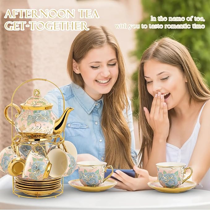 20 Pieces Porcelain Tea Set With Metal Holder, European Ceramic tea set for adults,Flower Tea Set,Tea Set For Women With Flower Painting (VIVID YELLOW, Largr Vision)
