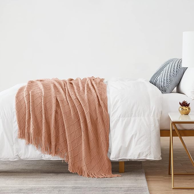 BOURINA Orange Throw Blanket 50x90 Inch Boho Knitted Soft Throw Bed Blanket | Knitted Throw Blanket 50x90 Inches, Soft Lightweight Boho Weave Throw Decorative Couch Blanket for Living Room Bedroom Chair
