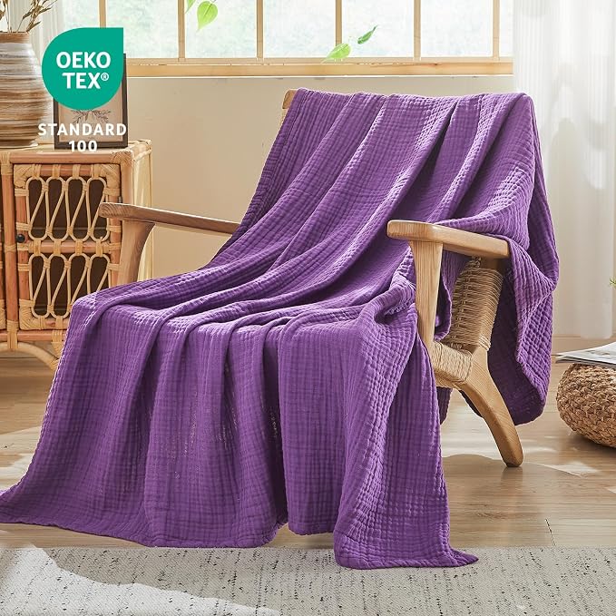 EMME Muslin Blankets for Adults Throw Blanket for Couch Breathable Gauze Soft Lightweight Airy Purple Super King 120" x 94"