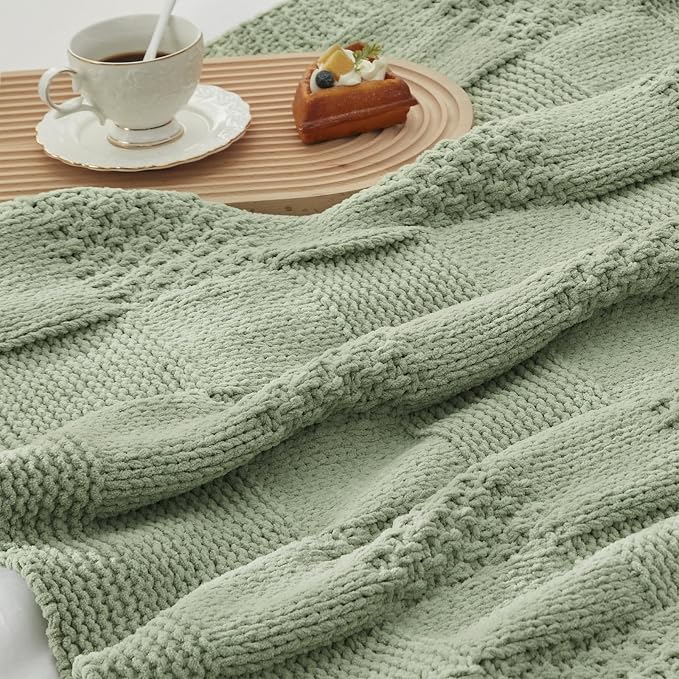 Knit Throw Blanket, Soft Chenille Cozy Breathable Checkered Chunky Decorative Blanket for Couch, Bed & Sofa, French-Inspired Lightweight Warm Gift for Women, Sage Green, 50"x60"