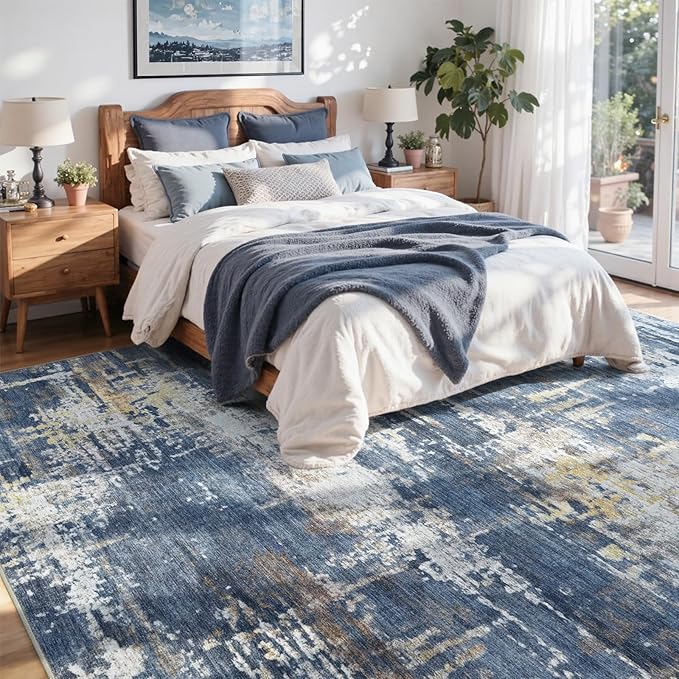 6x9 Ft Large Area Rugs for Living Room, Soft Non-Slip Washable Rugs Modern Abstract Pattern Carpet for Bedroom Indoor Floor Nursery Home Decor (Blue/Gold)