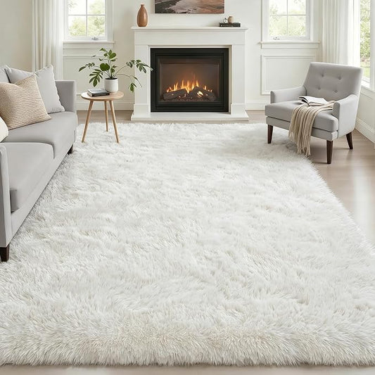 6x9 Area Rugs for Living Room Bedroom: Ultra Soft Fluffy Shag Rug Upgrade Non-Slip Non-Shedding Large Fuzzy Plush Carpet Indoor Floor Carpets for Kids Room Playroom Nursery Dorms Home Decor Ivory
