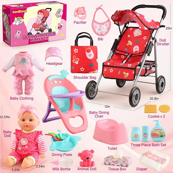 Baby Doll Stroller Set - A 12.5" Baby Doll with Doll Accessories & 2 Sets Clothes, Baby Doll Stroller for Toddlers 3-5, Toy Stroller for Kids, Gifts for Girls 3 4 5 Year Old Girls Toys