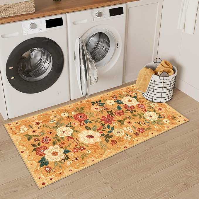 DUKINO 2x4 Entryway Rug, Floral Washable Kitchen Rugs Non Slip, Orange | Low Pile, Soft Indoor Runner Rug for Hallway, Bedroom, Bathroom, Laundry, Pet Friendly, Modern Home Decor, Stain Resistant