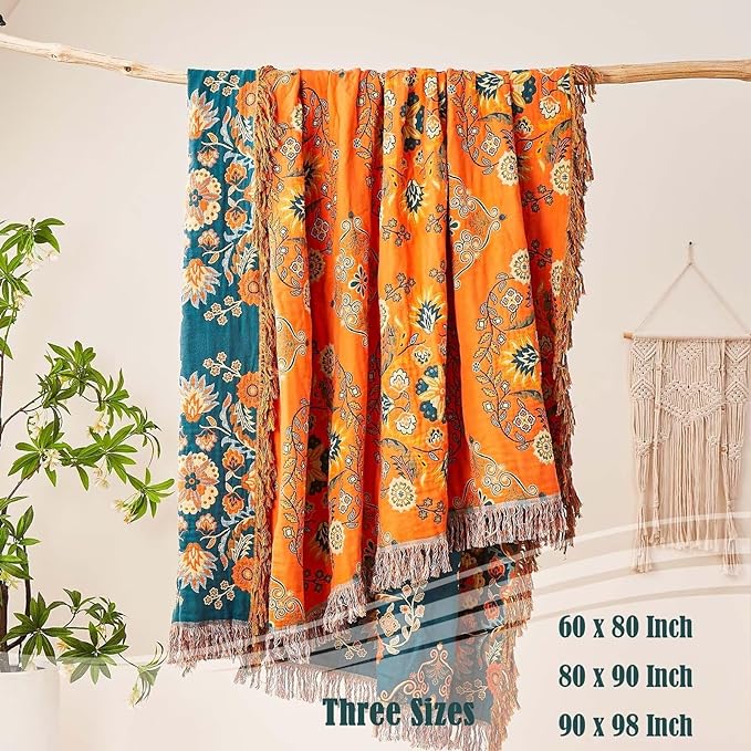 XIBLC Boho Throw Blanket, 100% Cotton Ultra Soft Luxury Throw Rustic Quilt, 90"x98" Floral Printed Farmhouse Decor Bed Summer Blankets, All Season Rustic Reversible Bohemian Throw for Bed - Orange