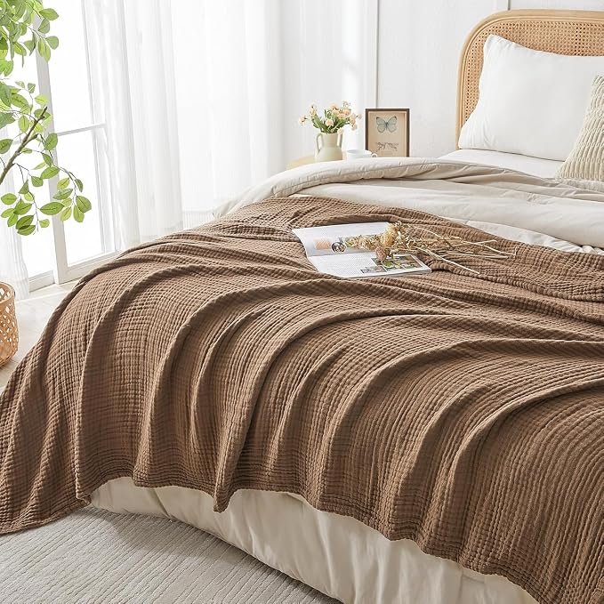EMME Muslin Blankets for Adults Throw Blanket for Couch Breathable Gauze Soft Lightweight Airy Brown Throw XL 50" x 71"