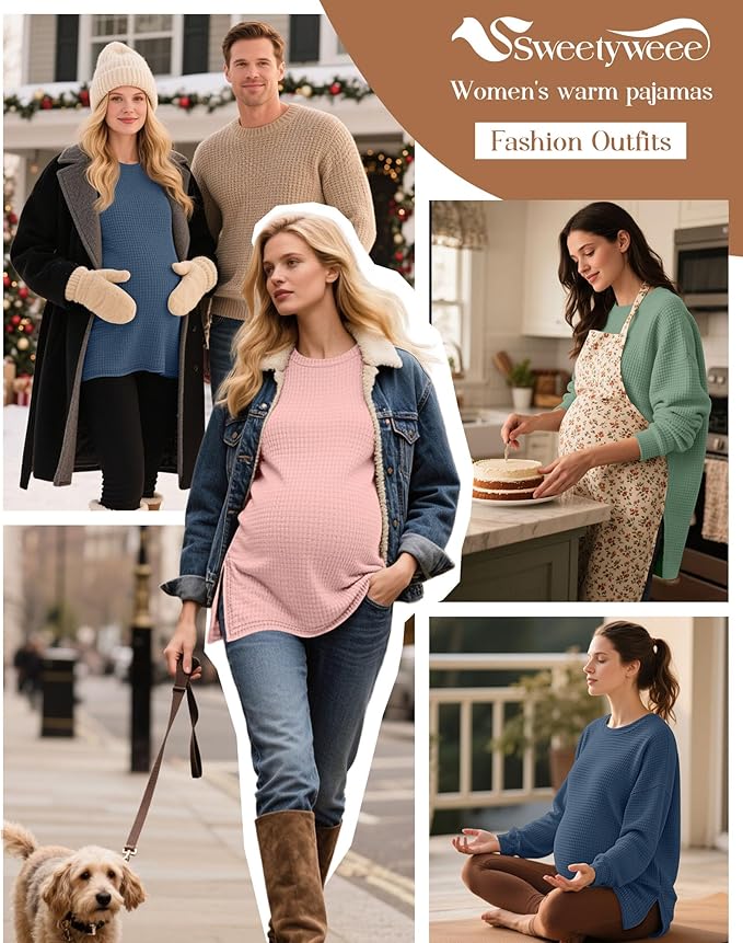 3 Pack Women's Maternity Shirts Long Sleeve Waffle Knit Side Split Oversized Tops Pregnancy Clothes Fall Tees