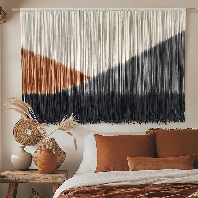 Macrame Wall Hanging Black Dip Dye Boho Wall Art for Living Room 57"W*35"L | Dip Dyed Wall Hanging, Large Wall Art, Handmade Cotton Craft, for Living Room Bedroom Accent, Unique Home Decor