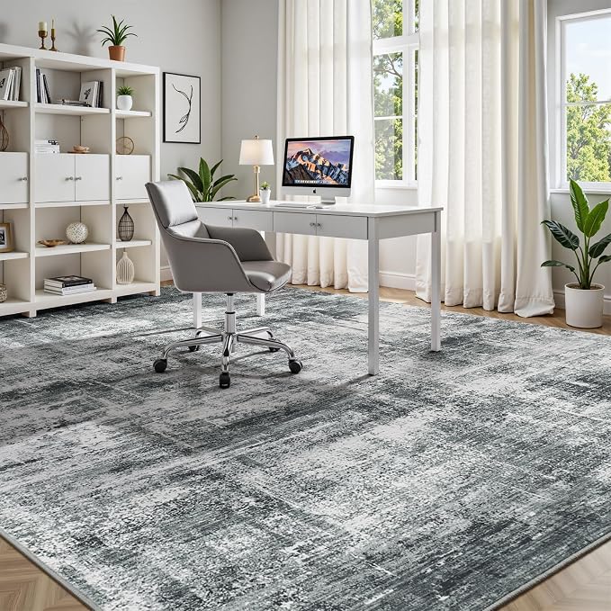 9x12 Area Rug for Living Room, Abstract Washable Non-Slip Large Rugs, Grey | Neutral Carpets for Bedroom, Dining Room, Home Office Nursery Indoor, Stain Resistant, Low Pile, Non-Shedding Modern Rug