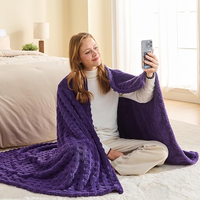 NEWCOSPLAY 3D Waffle Checkered Flannel Twin Blanket, Dark Purple, 60"x80" | Super Soft Cute Lightweight Decorative Premium Silky Fleece Blanket for Couch Sofa Bed, Gift for Women Men, All Season Use